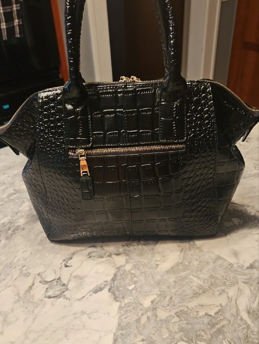 Never Carried  Black Charmes Croc-Embossed Satchel with Gold Hardware